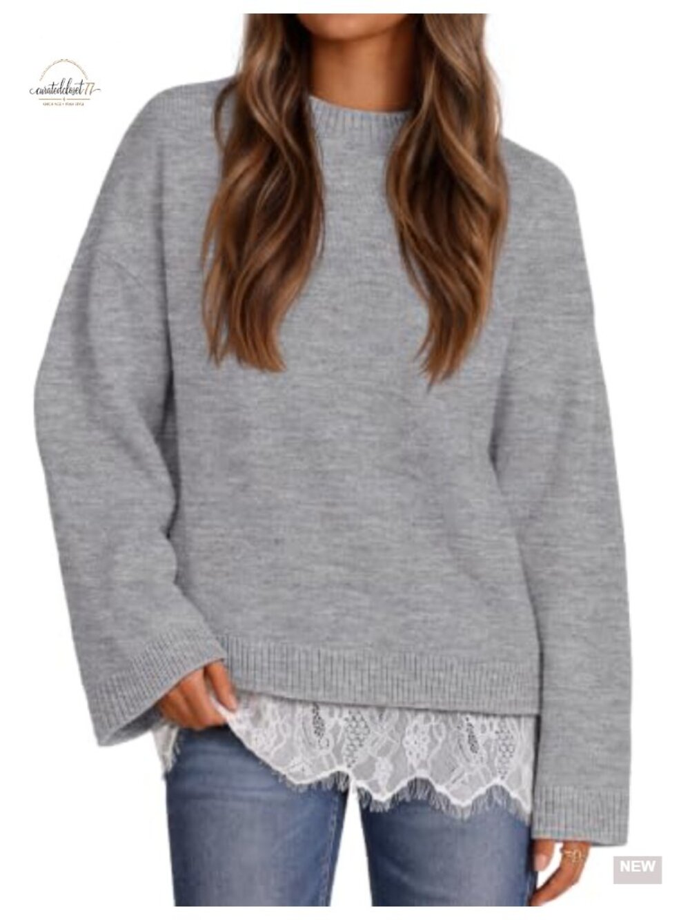 Oversized Lace Sweater Pullover Crew Neck Long Sleeve Cozy Knit